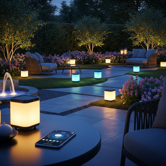 Giardino esterno illuminato con lanterne solari per creare atmosfera estiva con lanterne solari.