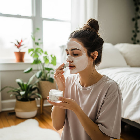 Ragazza che applica un trattamento viso fatto in casa con rimedi naturali per la cura della pelle