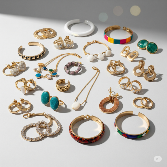 Collezione di bijoux colorati in diverse forme e materiali per scoprire come abbinare bijoux colorati