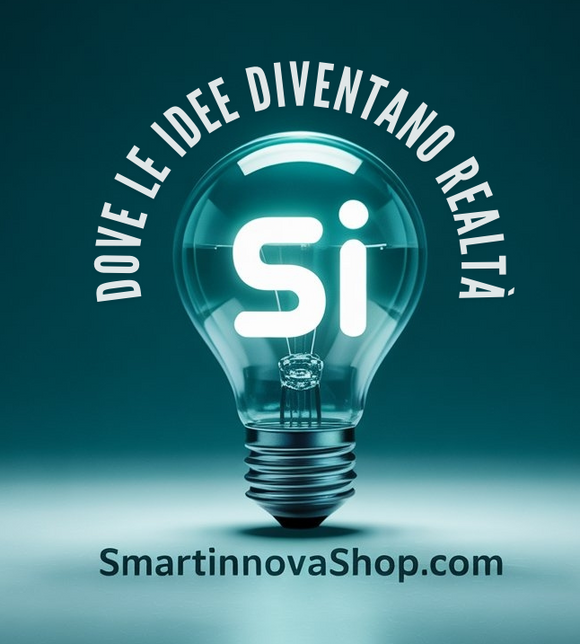 Lampadina illuminata con il testo dove le idee diventano realtà e il sito smartinnovashop.com per idee smart per la casa moderna
