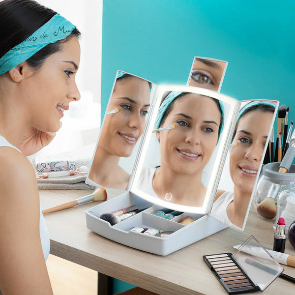 Specchio a LED Pieghevole con Contenitore per Trucchi 3 in 1 Panomir per una beauty routine senza stress