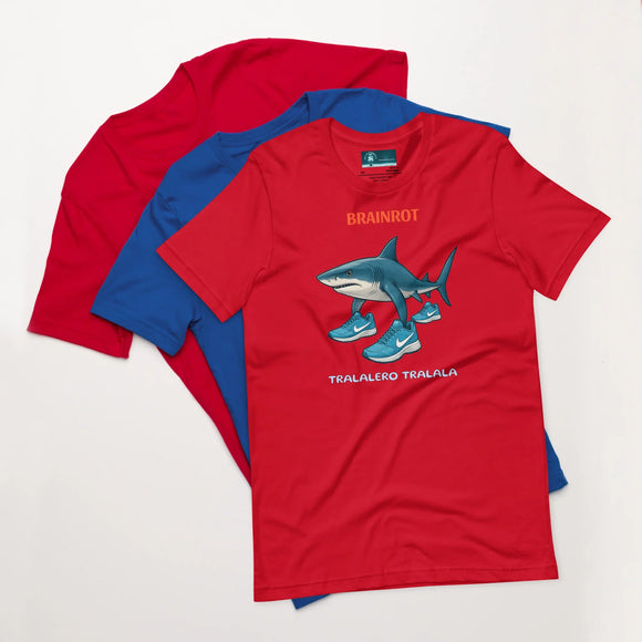 Maglietta unisex Brainrot 'Tralalero Tralala' con grafica di squalo in stile surreale su sfondo colorato