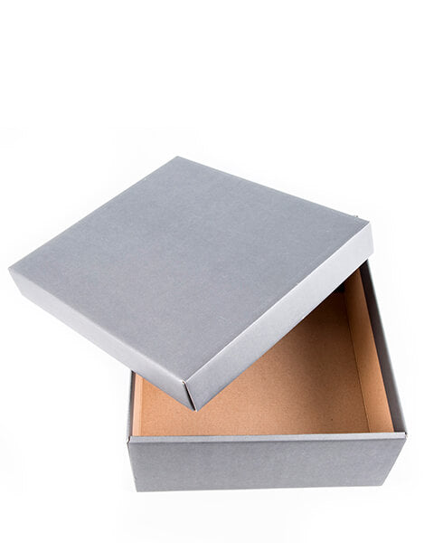 Scatola aperta di cartone grigio pronta per contenere prodotti ricondizionati e open box