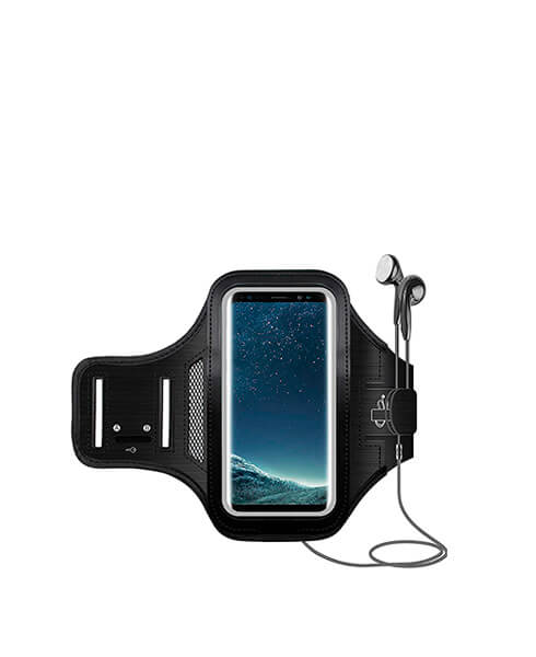 Fascia da braccio sportiva nera per smartphone con auricolari inclusi, ideale per l'attività fisica