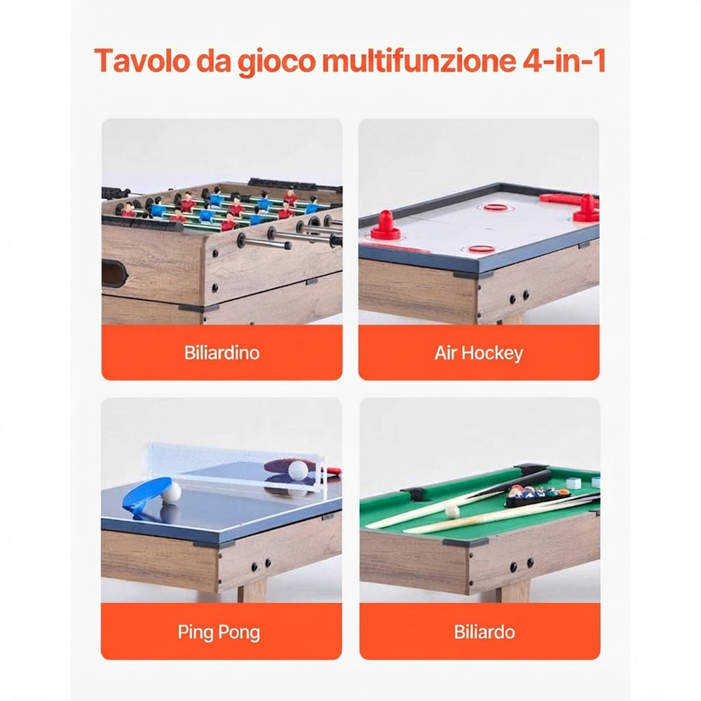 Tavolo da Gioco 4 in 1 Air Hockey, Biliardo, Calcio e Ping Pong
