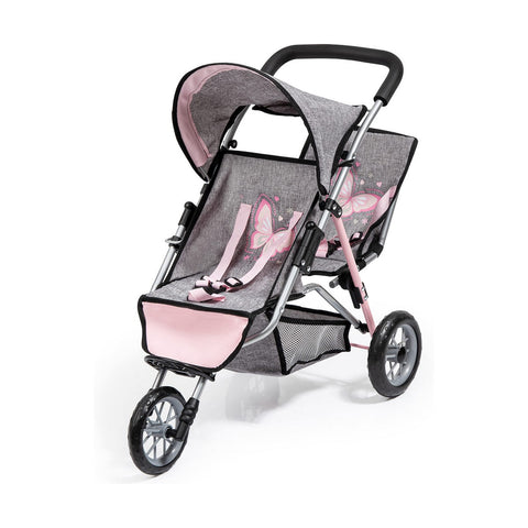 Carrozzina per Bambole Reig Jogger Gemellare Grigio Rosa Ruote x 3
