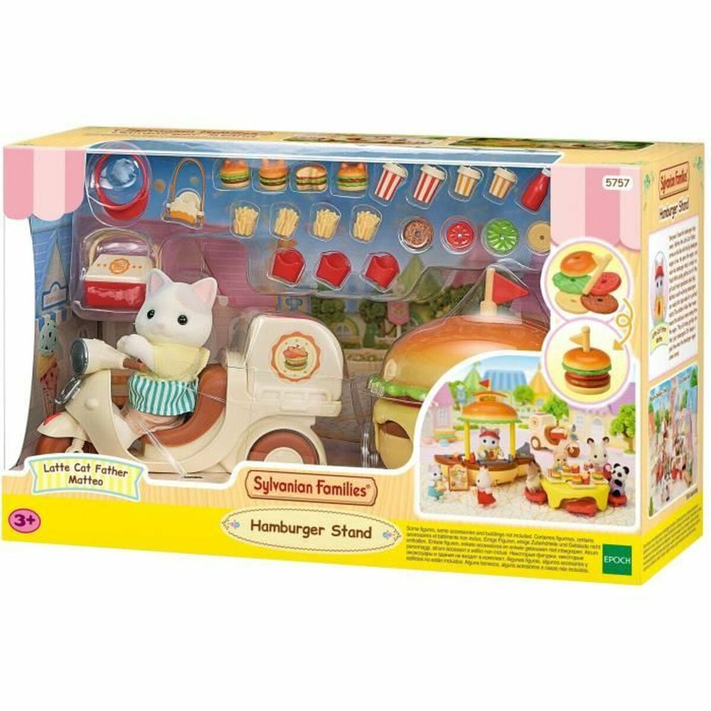 Dolls House Accessories Sylvanian Families Puesto de hamburguesas - Papa Latte Cat y Scooter 30 Pieces
