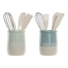 Pot for Kitchen Utensils DKD Home Decor Rubber wood Stoneware 10 x 10 x 14 cm (2 Units)