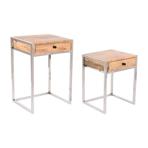 Set di 2 tavoli Home ESPRIT Marrone Argentato Naturale Acciaio Legno di mango 45,5 x 41 x 66,5 cm
