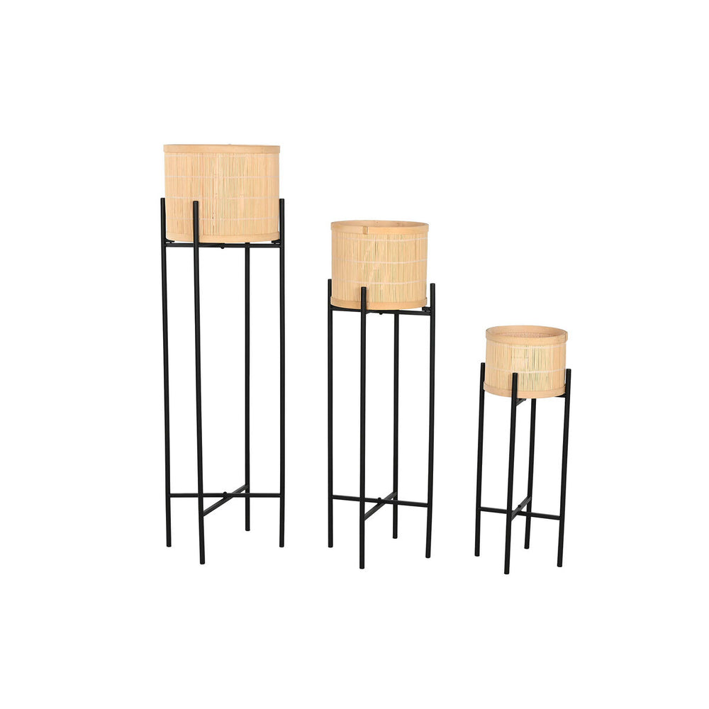 Set de Maceteros Home ESPRIT Negro Natural Metal Bambú 31 x 31 x 103 cm (3 Piezas)