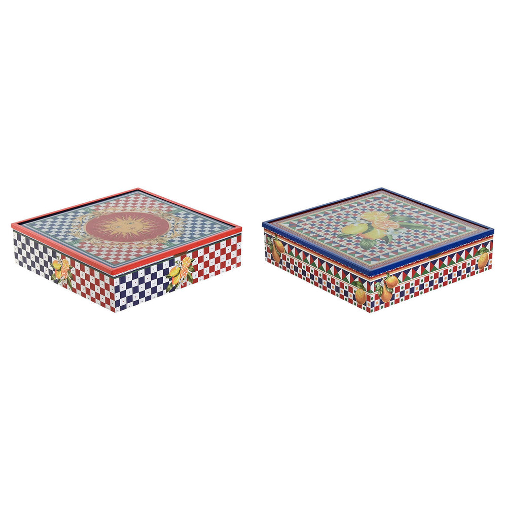 Caja para Infusiones Home ESPRIT Azul Rojo Multicolor Metal Cristal Madera MDF 24 x 24 x 6,5 cm (2 Unidades)