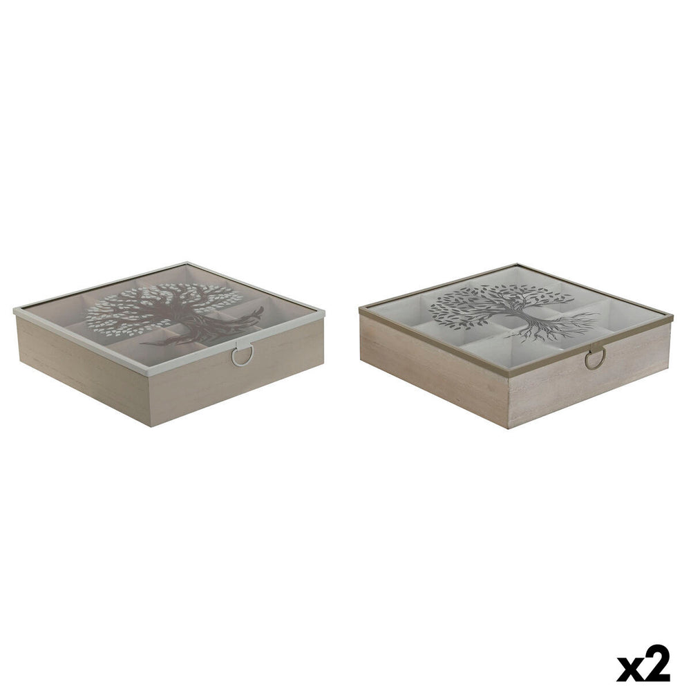Caja para Infusiones Home ESPRIT Marrón Beige Metal Cristal Madera MDF 24 x 24 x 6,5 cm (2 Unidades)