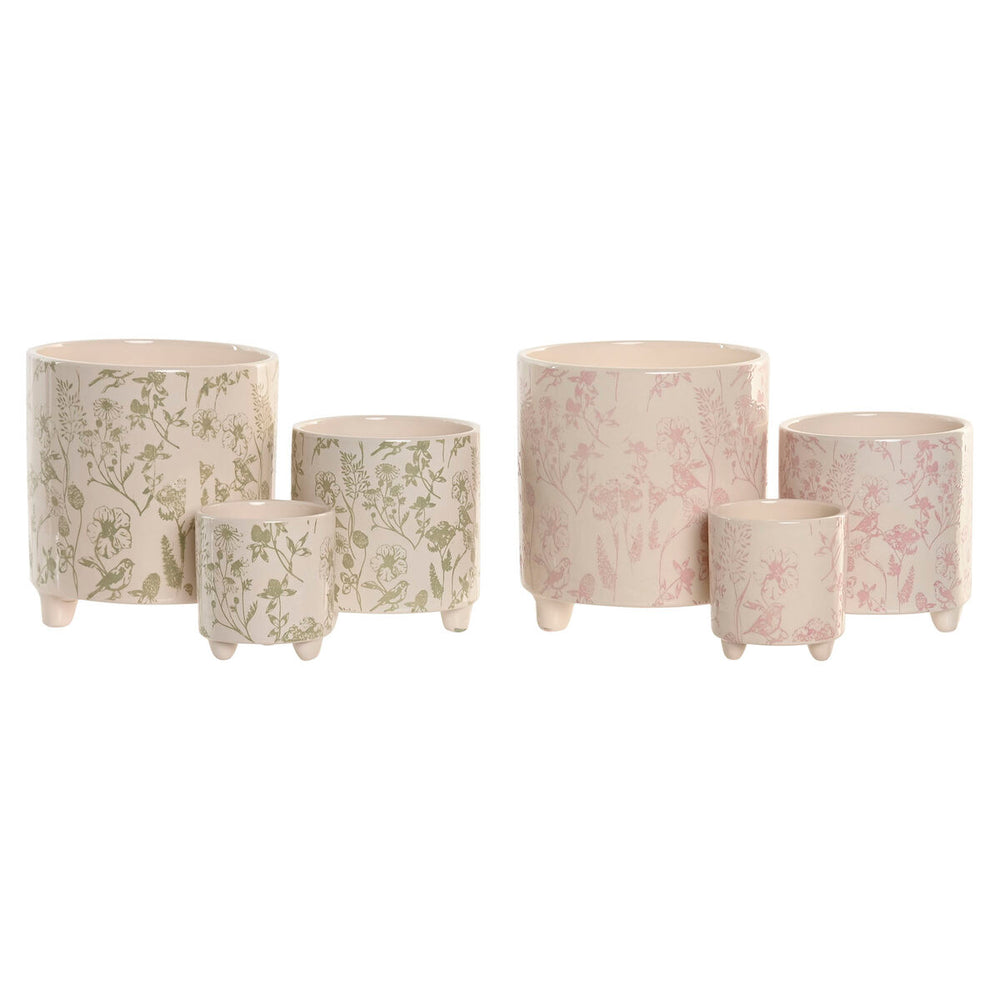 Vaso Home ESPRIT Bianco Verde Rosa Ceramica Fiori Shabby Chic 13,7 X 13,7 X 14,7 CM (3 Pezzi) (2 Unità)