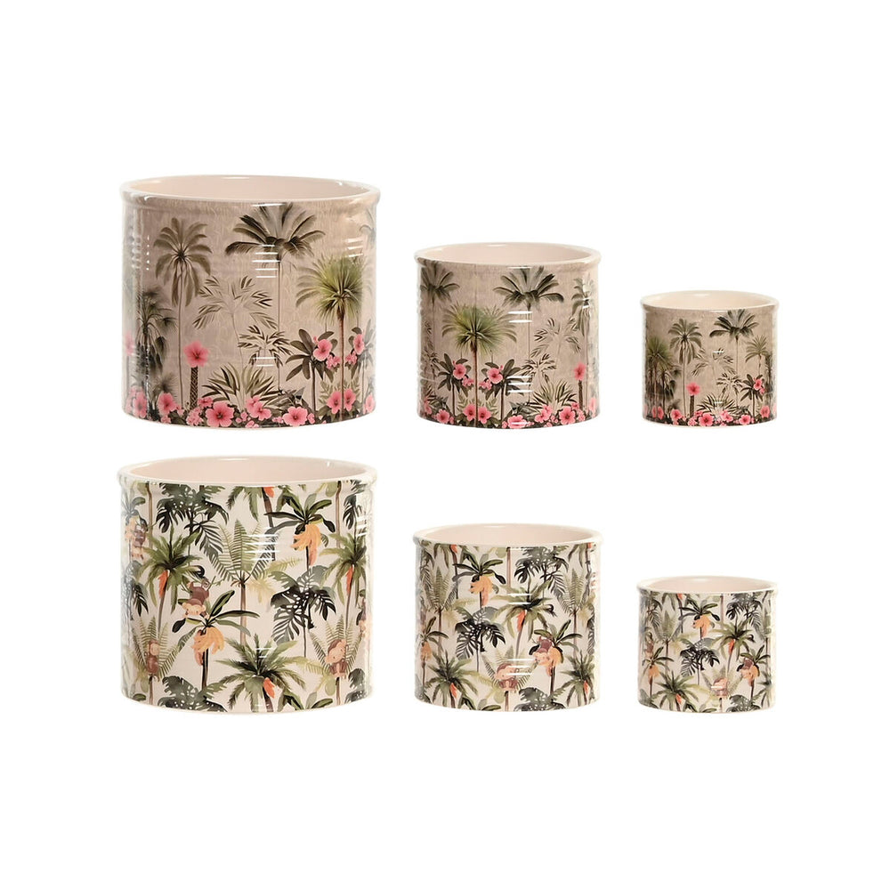 Vaso Home ESPRIT Verde Multicolore Ceramica Tropicale 13,6 X 13,6 X 11,8 CM (3 Pezzi) (2 Unità)