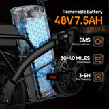 Bicicletta elettrica Urlife F1L 500W, batteria rimovibile da 48V 7,5Ah, autonomia di 64 km, tempo di ricarica 3 ore, e-bike per adulti.