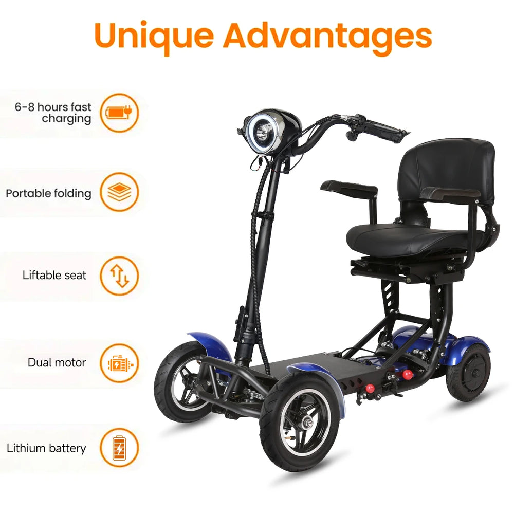Scooter elettrico a 4 ruote con doppio motore da 500 W, batteria al litio da 36 V 18 Ah, leggero, pieghevole, autonomia di 50 km.