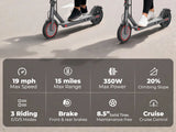 Monopattino elettrico da 350W, velocità massima 19 km/h, cambio a 3 velocità, autonomia 32 km,