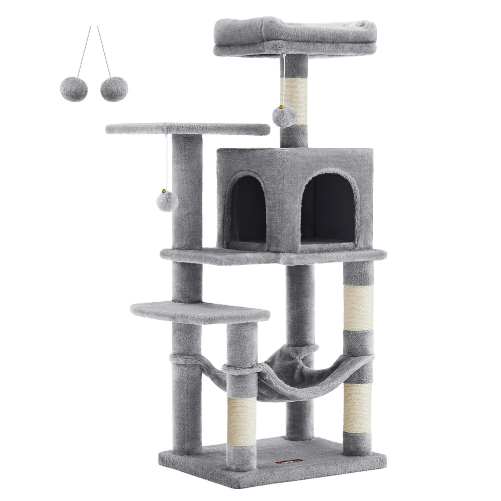 Tiragraffi per gatti altezza 143 cm con 4 pali , 2 piattaforme, 1 grotta, 1 amaca, Feandrea,