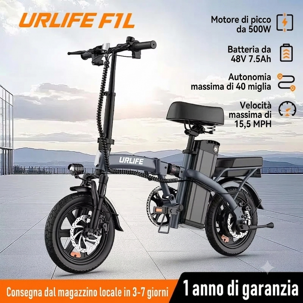 Bicicletta elettrica Urlife F1L 500W, batteria rimovibile da 48V 7,5Ah, autonomia di 64 km, tempo di ricarica 3 ore, e-bike per adulti.