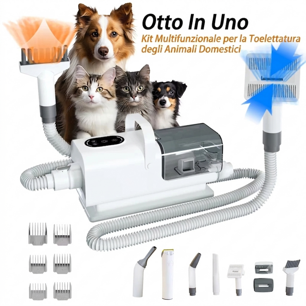 Kit aspirapolvere 8 in 1 per la toelettatura di animali domestici,