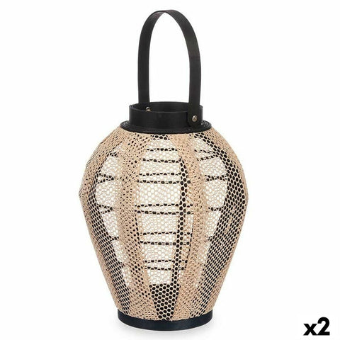 Farol Gift Decor D23029S Negro Beige Madera Tela Vidrio Farol 25 x 30 x 25 cm Con asa (2 Unidades)