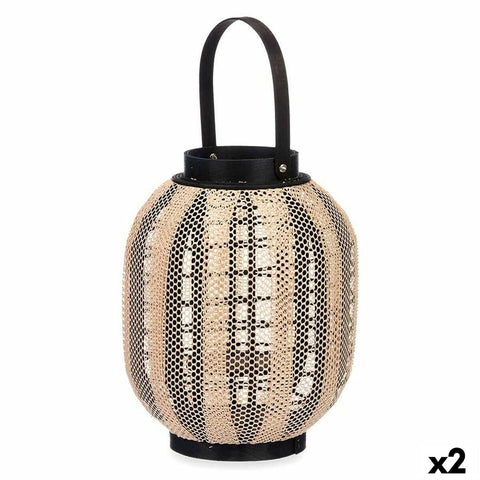 Farol Gift Decor D23026S Negro Beige Madera Tela Vidrio Farol 27 x 32 x 27 cm Con asa (2 Unidades)