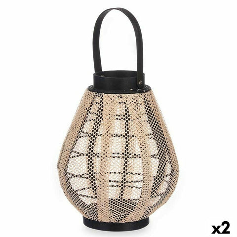 Farol Gift Decor D23028S Negro Beige Madera Tela Vidrio Farol 25 x 30 x 25 cm Con asa (2 Unidades)