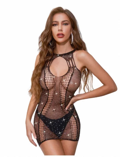Mini Abito in Mesh con Strass e Trasparenze