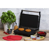 Barbecue elettrico Adler CR 3044 con griglia antiscivolo e cibo preparato, come hamburger e salse.