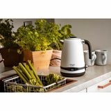 Bollitore elettrico acciaio inox Adler in cucina con piante verdi sullo sfondo e sedano nel lavello