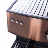 Dettaglio della caffettiera express leva Adler con pannello di controllo in rame e manopola di regolazione