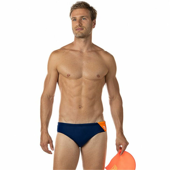 Slip uomo piscina Aquarapid in blu navy con dettagli arancioni, ideale per nuotatori e sport acquatici