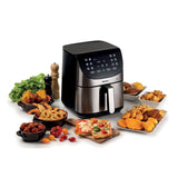 Friggitrice ad aria Ariete 7 litri con cibo croccante come pollo e patatine fritte attorno.