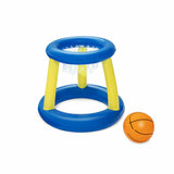 Gioco basket gonfiabile piscina in blu e giallo con pallone per divertimento estivo in acqua
