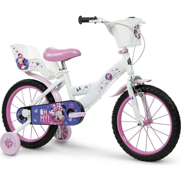Bicicletta per bambini con rotelle Huffy in bianco e rosa con decorazioni di Minnie Mouse