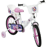 Bicicletta per bambini con rotelle Huffy in bianco e rosa con design Minnie Mouse e cesto anteriore
