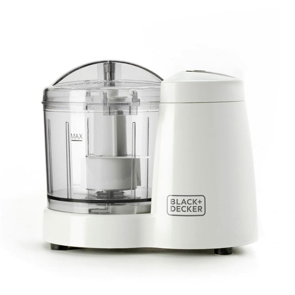 Tritatutto Black & Decker bianco con ciotola trasparente e design compatto per la cucina domestica