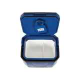 Mini frigo portatile nero con coperchio aperto, ideale per picnic e viaggi