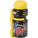 Borraccia Batman bambini in plastica nera con coperchio giallo e design colorato per piccoli supereroi