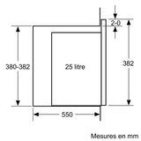 Disegno tecnico del microonde Bosch nero 25 litri con dimensioni dettagliate