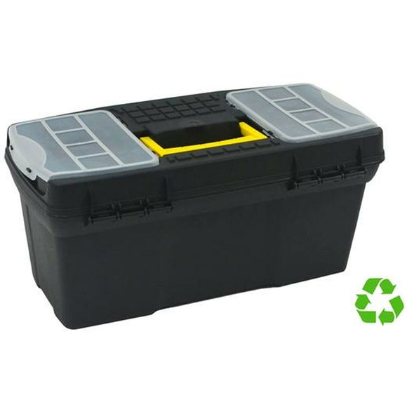 Cassetta porta utensili grande 19x39x18 in plastica nera con scomparti trasparenti e manico robusto