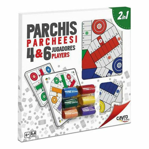 Gioco Parchis Cayro 4 6 giocatori con due varianti e sei pedine colorate in un design 2 in 1