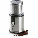 Macinino elettrico DOMO in acciaio inox con caffè in grani sul pavimento per una macinatura ottimale.