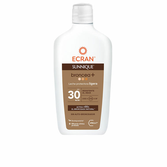 Crema solare SPF 30 leggera Ecran in flacone bianco per protezione solare efficace