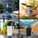Vari modelli di contenitori per bevande, inclusi una bottiglia e un thermos, ideali per un addolcitore d'acqua domestico