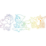 Illustrazione di personaggi del gioco da tavolo unicorns con unicorni e misteriosi avventurieri