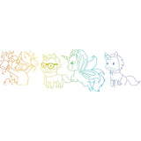 Illustrazione dei personaggi del gioco da tavolo unicorns con unicorni colorati e divertenti