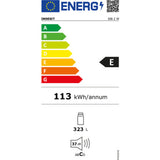 Etichetta energetica di un frigorifero Indesit 323 litri con classe E e consumo di 113 kWh/anno