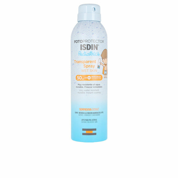 Spray solare corpo SPF 50 Isdin per bambini, resistente all'acqua, application facile su pelle umida