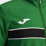Dettaglio della tuta Joma Sport Victory uomo verde con logo bianco e striscia nera.